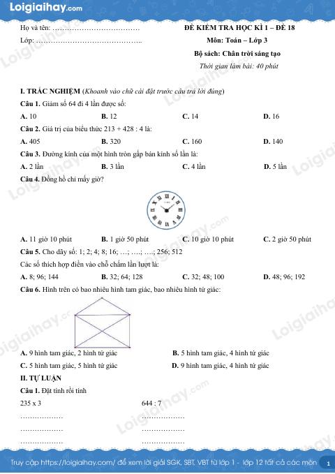 Đề kiểm tra học kì 1 Toán 3 Chân trời sáng tạo - Đề số 18